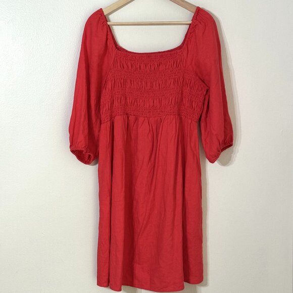 Isabel Maternity Smocked Dress Linen Blend Stretch Coral Red Peasant Milkmaid - Picture 1 of 14